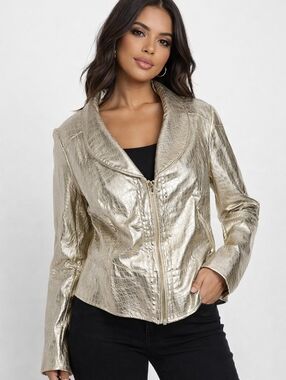 V Christina Jacket Gold Croc Embossed Print Faux Leather Zip, Women's Size L